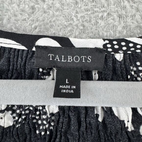 Talbots Top Womens L Black Butterfly Smocked Scoop Neck 3/4 Sleeves Elastic Cuff - Picture 2 of 15